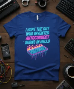 I Hope the Guy Who Invented Autocorrect Burns in Hello text with a flaming keyboard graphic and binary code on