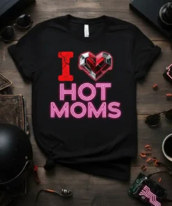 "I HOT MOMS" text with a cracked red 'I' and a stylized geometric heart graphic on a black t-shirt