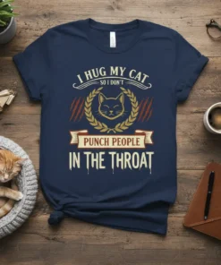 T-shirt with text "I Hug My Cat So I Don't Punch People In The Throat" and a graphic of a