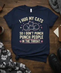 I Hug My Cats So I Don't Punch People In The Throat quote on a navy t-shirt with cat graphics