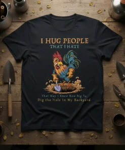 Black t-shirt with "I Hug People That I Hate" quote and a cartoon rooster digging a hole, reads "That Way