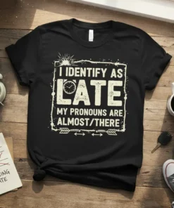 Black t-shirt with white distressed text "I IDENTIFY AS LATE MY PRONOUNS ARE ALMOST/THERE" and a clock graphic