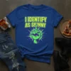 I Identify As Skinny funny quote t-shirt with neon green text and a middle finger graphic on a royal blue