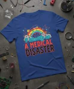 I identify as A MEDICAL DISASTER quote on a blue t-shirt with a rainbow and floral graphic