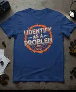 I IDENTIFY AS A PROBLEM text design with orange gear circle on a blue t-shirt
