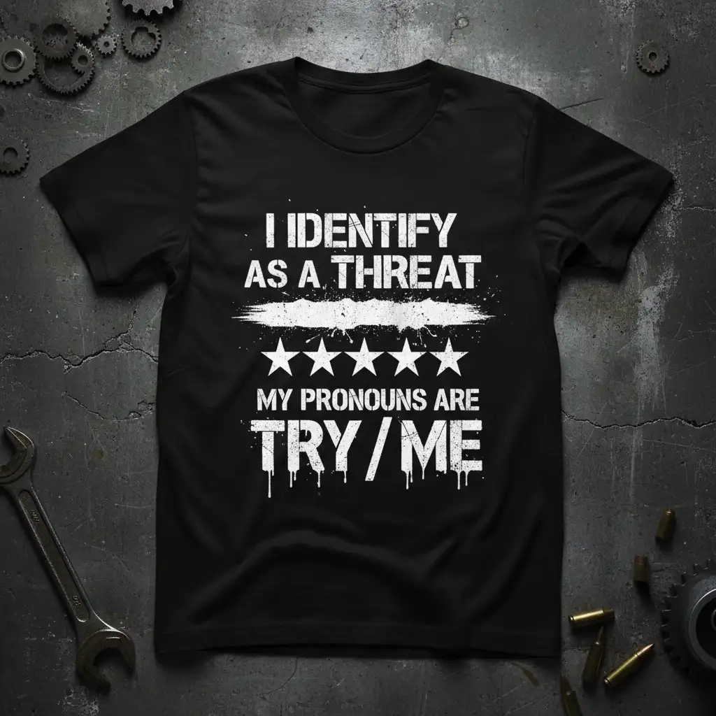 I IDENTIFY AS A THREAT MY PRONOUNS ARE TRY/ME quote on a black t-shirt with distressed white typography and star graphics