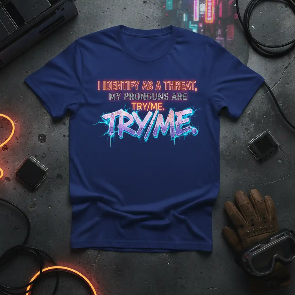 I IDENTIFY AS A THREAT, MY PRONOUNS ARE TRY/ME quote on a dark t-shirt with neon-style lettering
