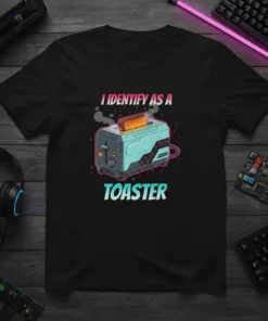 I Identify As A Toaster funny shirt with a graphic of a retro toaster popping toast