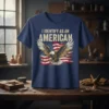 I Identify As An American T-Shirt with eagle and distressed US flag graphic. Patriotic apparel