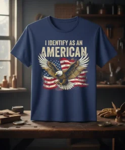 I Identify As An American T-Shirt with eagle and distressed US flag graphic. Patriotic apparel