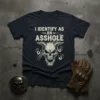 I Identify As An Asshole text with a distressed demonic skull graphic and handprints on a navy t-shirt