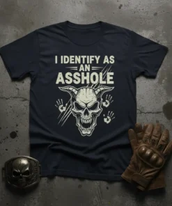 I Identify As An Asshole text with a distressed demonic skull graphic and handprints on a navy t-shirt