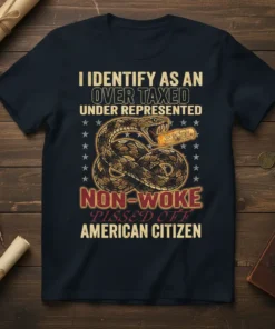 T-shirt featuring a coiled rattlesnake with the text "I Identify As An Over Taxed Under Represented Non-Woke Pissed Off American