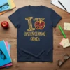 Navy blue t-shirt with "I is for Instructional Coach" text and an apple graphic. Features leopard print "I" and plaid