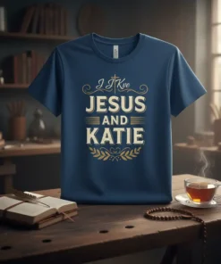 I J Kve Jesus And Katie Christian faith quote on a navy blue t-shirt with gold distressed lettering and laurel