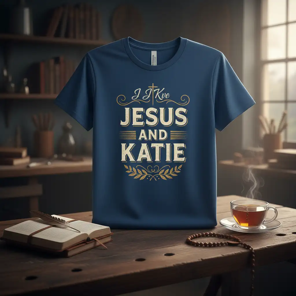 I J Kve Jesus And Katie faith quote on navy t-shirt with distressed gold lettering and laurel accents