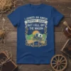 I Joined An Amish Support Group But I Fell Off The Wagon quote on a blue t-shirt with a vintage