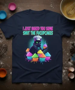 Funny black cat chef design with text "I Just Baked You Some Shut The Fucupcakes" and cupcakes