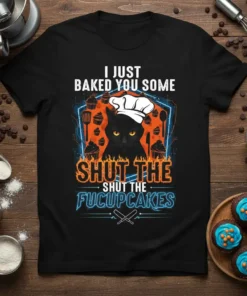 Black t-shirt with "I JUST BAKED YOU SOME SHUT THE FUCUPCAKES" text and a black cat chef graphic