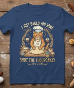 I JUST BAKED YOU SOME SHUT THE FUCUPCAKES t-shirt design featuring a cat chef kneading dough surrounded by cupcakes and