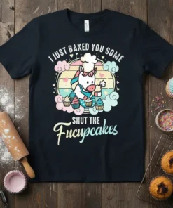 I Just Baked You Some Shut The Fucypcakes unicorn chef t-shirt design with cupcakes and pastel clouds
