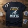 Funny "I Just Came Here To Drink And F*ck" quote with beer mugs and stick figures on a navy t-shirt