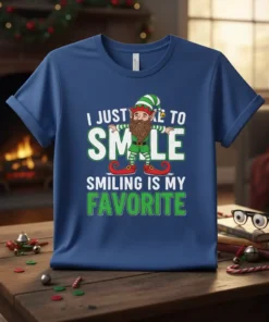 Christmas elf graphic with text "I Just Came To Smile Smiling Is My Favorite" on a navy blue t-shirt