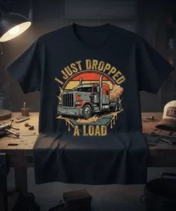 I Just Dropped A Load text design with a vintage semi-truck graphic and smoke details