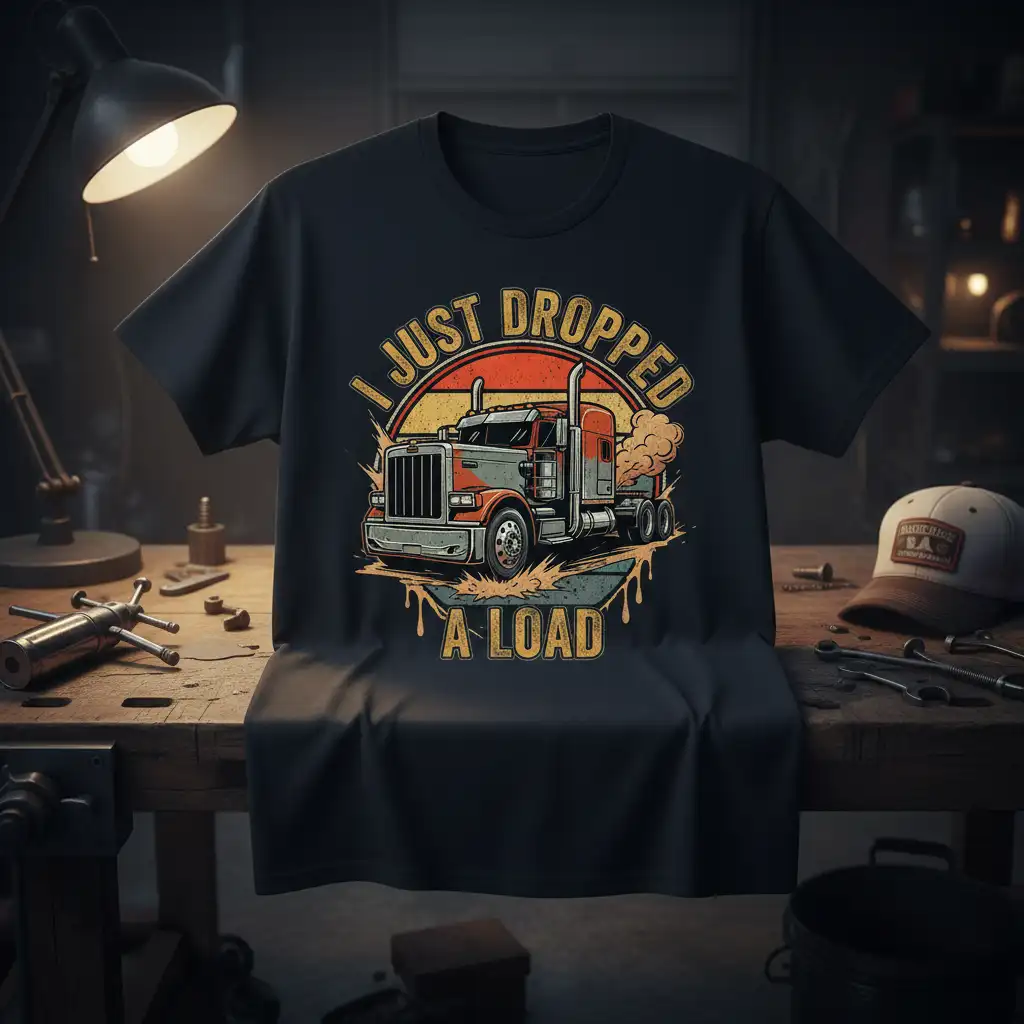 I Just Dropped A Load trucker t-shirt design with vintage semi-truck and sunset graphic