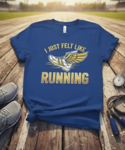 I Just Felt Like Running quote with a winged running shoe graphic on a blue t-shirt