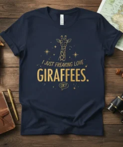 Navy t-shirt with gold text: "I JUST FREAKING LOVE GIRAFFEES. OK?" and a graphic of a giraffe's head