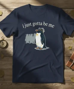 Navy t-shirt with white text "i just gotta be me" above a cartoon rockhopper penguin standing with other penguins in