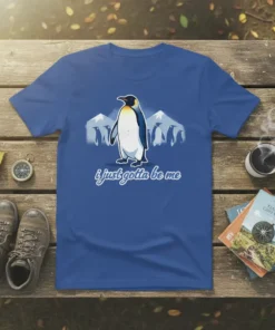 I Just Gotta Be Me penguin quote t-shirt with a central emperor penguin and a group in the background