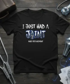 Black t-shirt with white text "I JUST HAD A JOINT KNEE REPLACEMENT" and a graphic of a knee joint