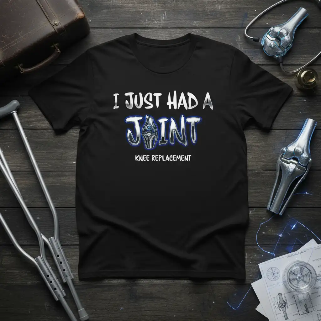 I JUST HAD A JOINT KNEE REPLACEMENT text with knee joint graphic on black t-shirt
