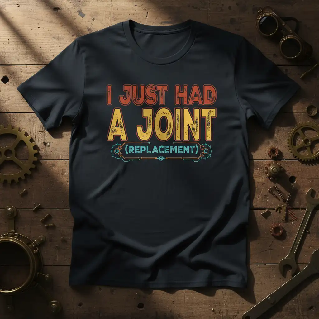 I JUST HAD A JOINT REPLACEMENT text on a dark t-shirt, vintage style graphic tee