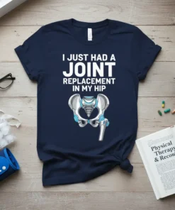 I JUST HAD A JOINT REPLACEMENT IN MY HIP text with an anatomical hip graphic on a navy blue t-shirt