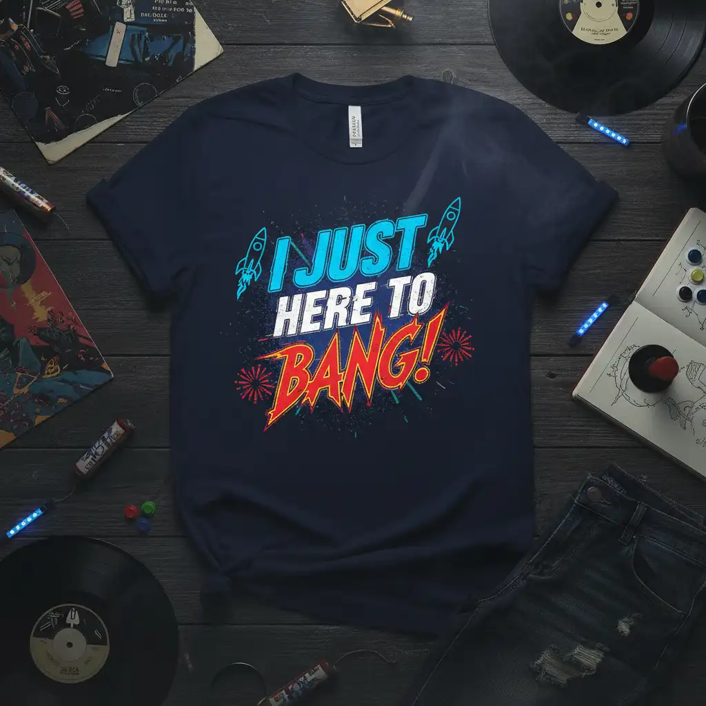 I JUST HERE TO BANG! text with rockets and fireworks graphic on a navy t-shirt design
