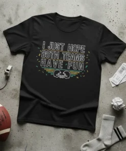 I Just Hope Both Teams Have Fun quote with football helmets graphic on a black t-shirt
