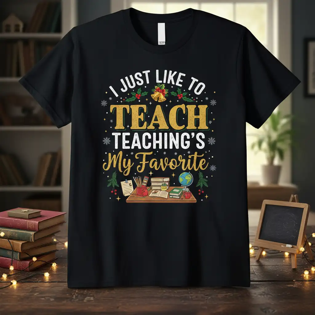 I Just Like To Teach Teaching's My Favorite quote tee with festive holiday elements and school desk graphic