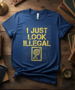 Blue t-shirt with yellow text "I Just Look Illegal" and a passport graphic, featuring a topographic map background
