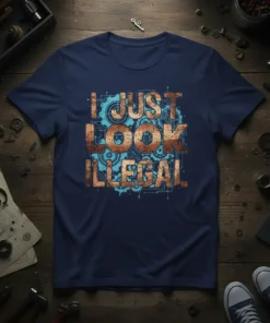 I JUST LOOK ILLEGAL quote t-shirt with steampunk gear graphics in distressed copper and blue
