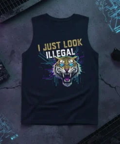 I Just Look Illegal text above a fierce cyber tiger graphic with glowing blue eyes and digital circuit patterns on