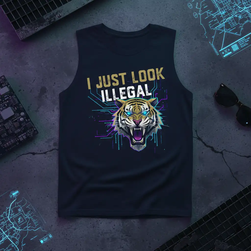 I Just Look Illegal text with fierce cyber tiger graphic and digital circuits on a sleeveless tee