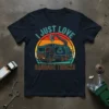 Retro design featuring the text "I Just Love Garbage Trucks" with a vintage garbage truck graphic
