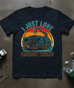 Retro design featuring the text "I Just Love Garbage Trucks" with a vintage garbage truck graphic