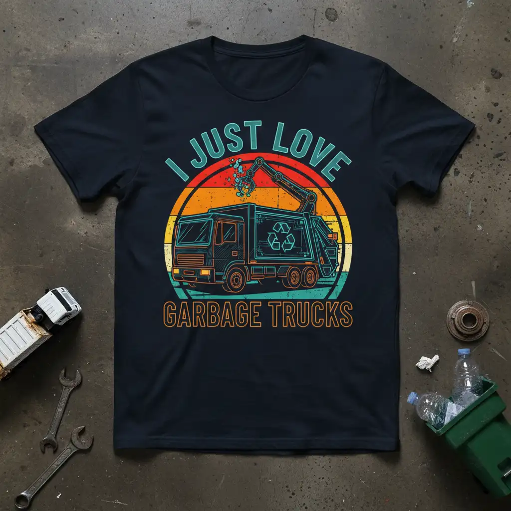Retro I Just Love Garbage Trucks graphic tee design with vintage truck and sunset