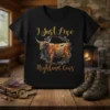 I Just Love Highland Cows t-shirt with a detailed illustration of a highland cow and floral wreath