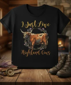 I Just Love Highland Cows t-shirt with a detailed illustration of a highland cow and floral wreath