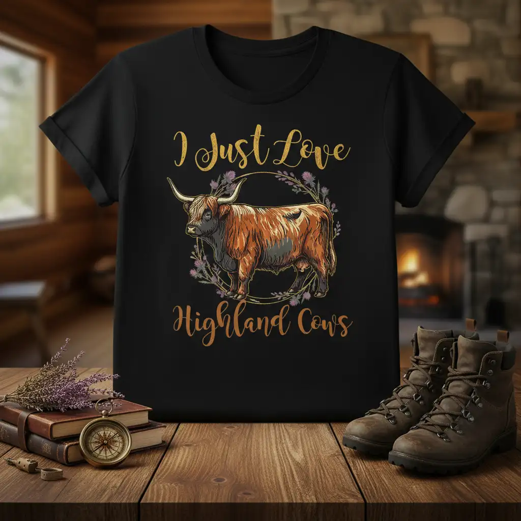 I Just Love Highland Cows phrase with a fluffy highland cow illustration and floral wreath on a t-shirt